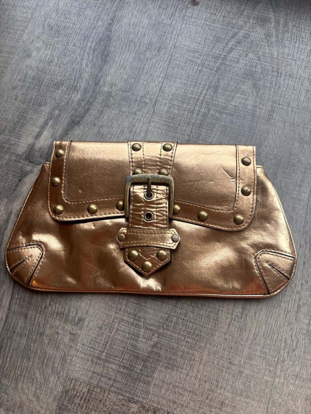 Metallic Bronze Studded Faux Leather Belted Clutch Bag
